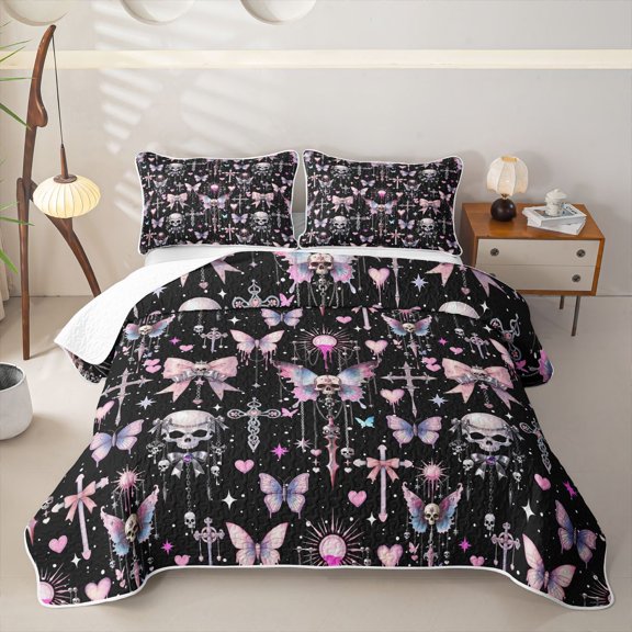 Manfei Gothic Skull Butterfly Skull Halloween Twin Quilt Set for Boys Girls, Pink Black Cross Chain Twin Coverlet Set