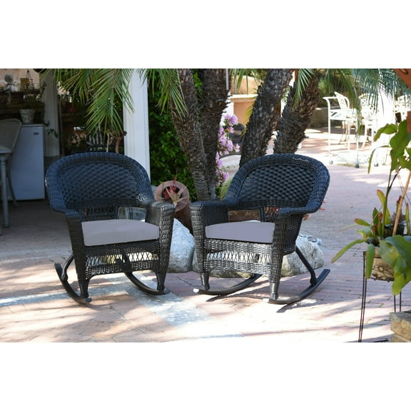 Jeco Black Rocker Wicker Chair with Steel Blue Cushion - Set of 2