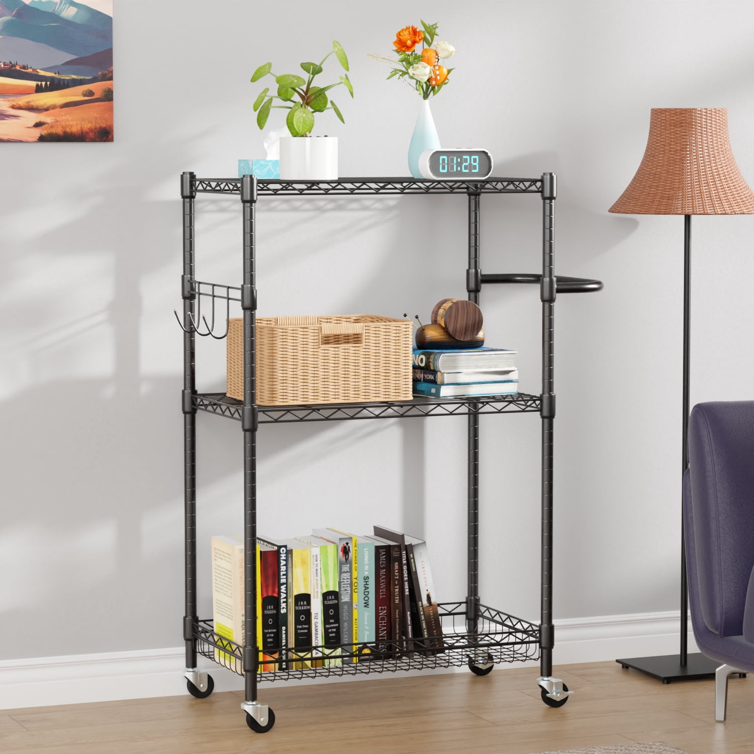 FDW 3-Tier Storage Wire Rack Metal Storage Shelf Heavy Duty Shelf With Wheels For Home,Black