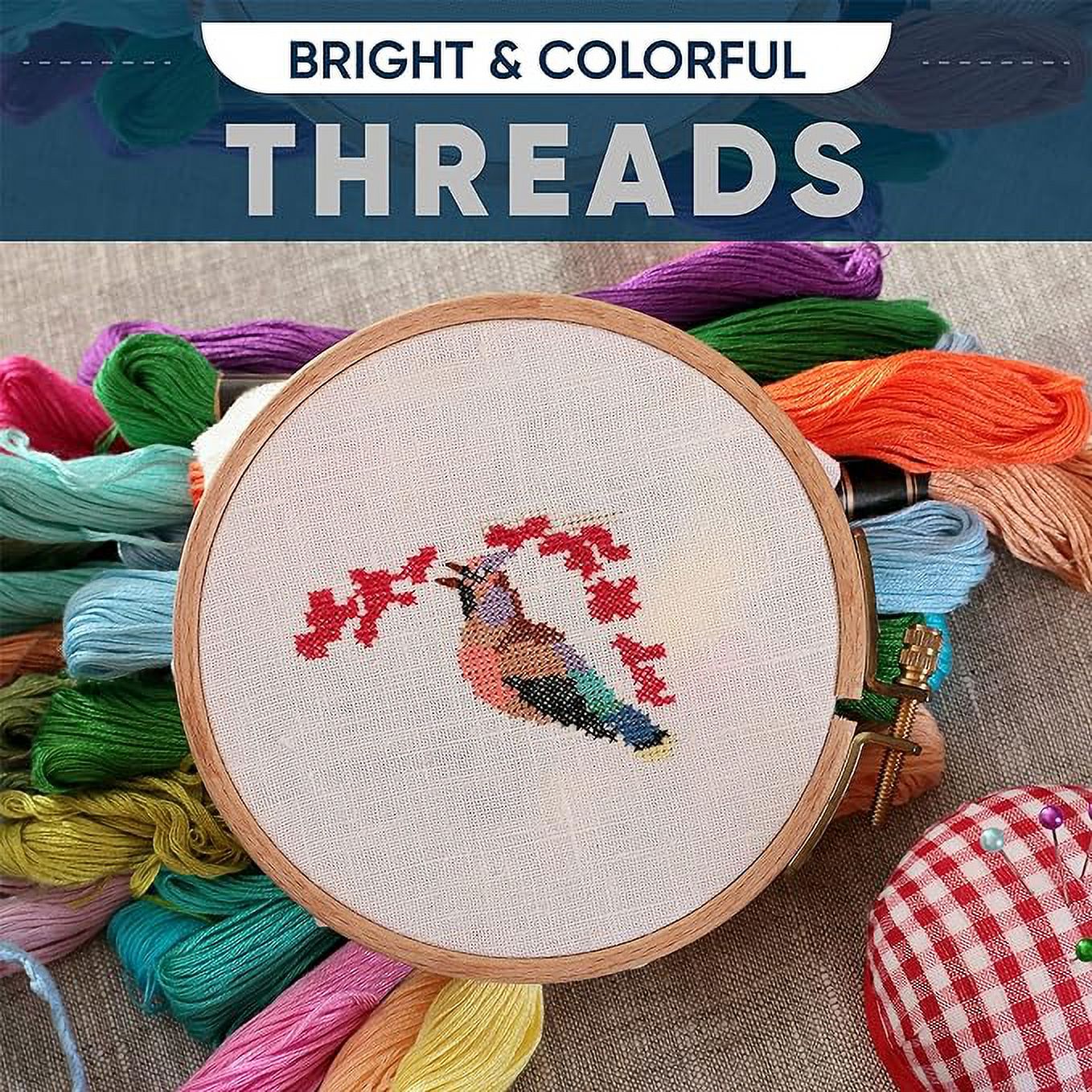 Houston Imports  Hand Embroidery Kit with 8” Hoop, Stand, and 24 Assorted Color Threads, Beginner Sewing and Needlepoint Bundle with Accessories, Hands-Free Adjustable Frame for Arts.