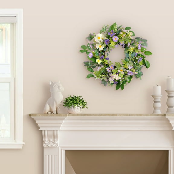 CC Christmas Decor Daisy Floral Artificial Spring Wreath - 24" - Green and Purple