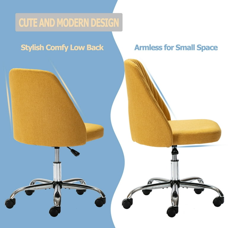 Home Office Desk Chair Linen Fabric Upholstered Chair with No Arms Swiveling Modern Vanity Chair Cute Bedroom Apartment Dorm Chair Yellow