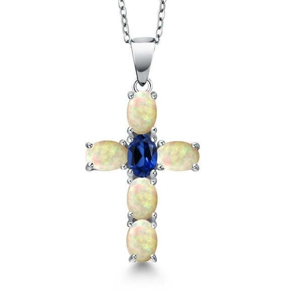 Gem Stone King 925 Sterling Silver White Ethiopian Opal and Blue Created Sapphire Cross Pendant Necklace for Women | 2.20 Cttw | Gemstone October Birthstone | Oval Cabochon 6X4MM | With 18 inch Chain