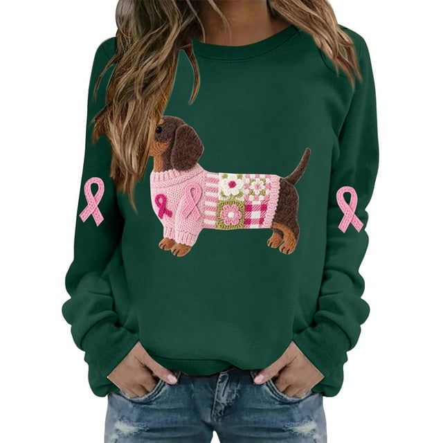 Jindong Women's Dog Ribbon Breast Cancer Awareness Print Sweatshirt