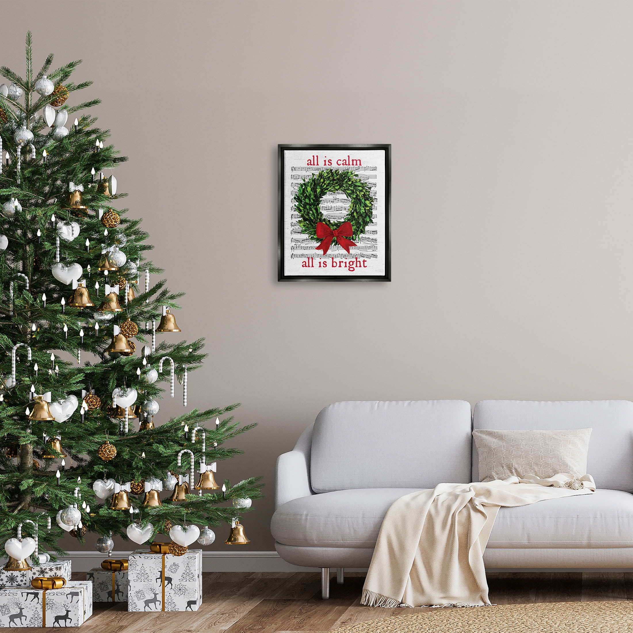 Stupell Industries All Is Calm Christmas Song Graphic Art Jet Black Floating Framed Canvas Print Wall Art, Design by Lettered and Lined
