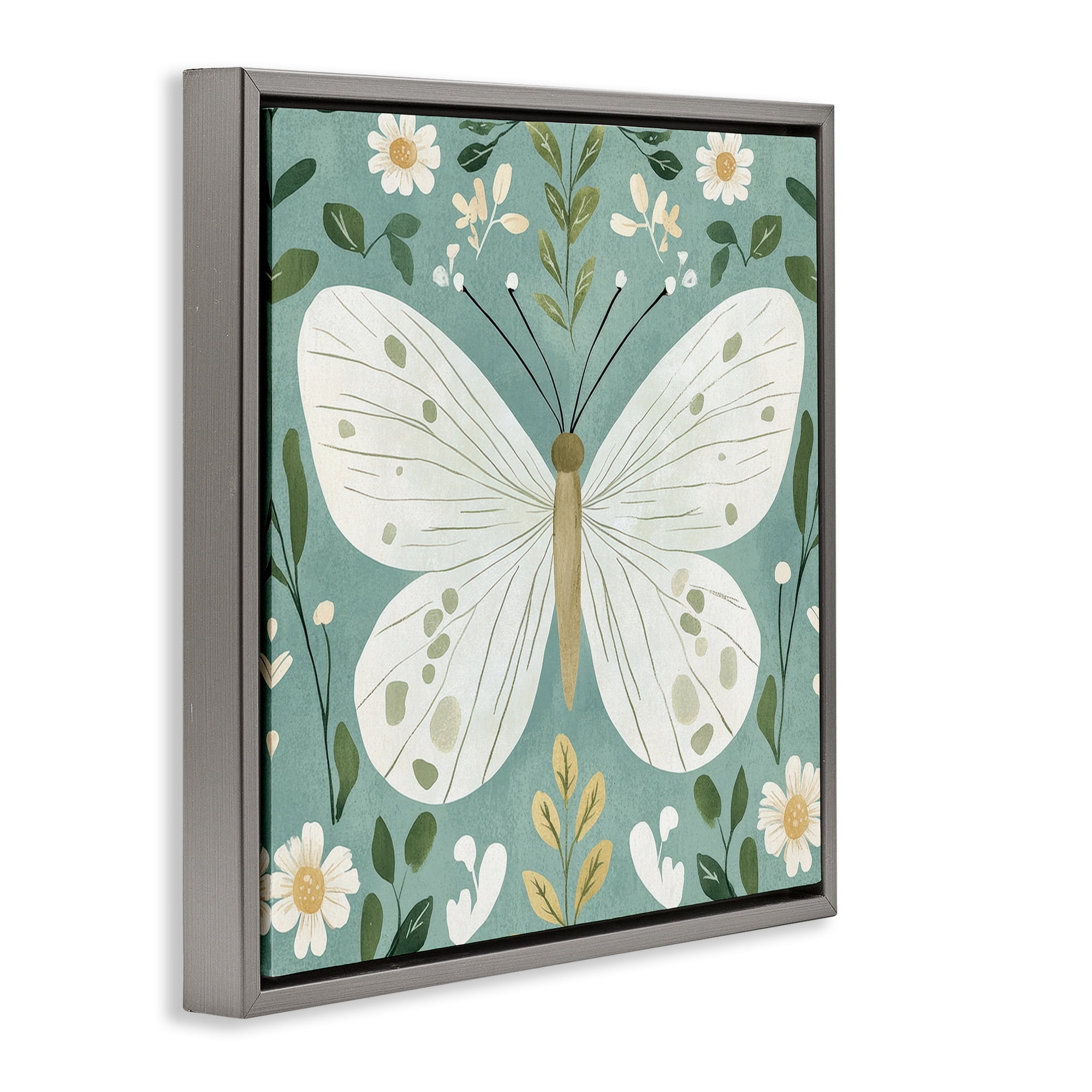 Stupell Industries Teal Butterfly Garden with Daisies Gray Framed Floater Canvas Wall Art, design by Petal Prints Design