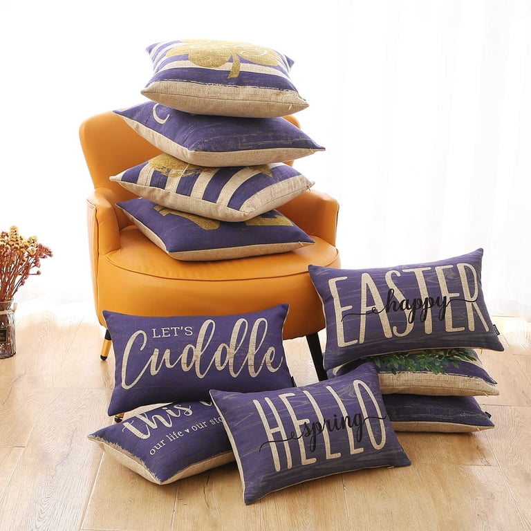 2-Pack Throw Pillow Covers With Farmhouse Quotes - "Our Happy Place" Lumbar Covers 12x20 Inch