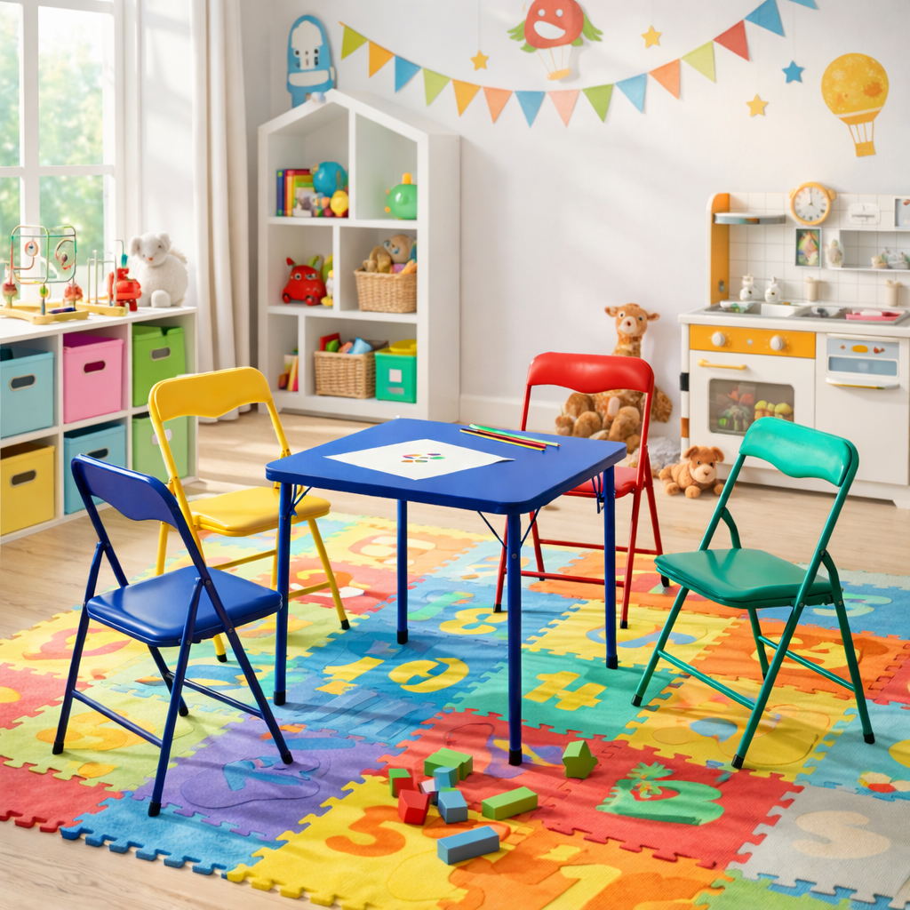 FurnitureR 5-Piece Kids Folding Table and Chair Set, Colorful Metal Activity Play Table with 4 Seats, No Assembly Required, Vinyl Padded for Playroom, Daycare, School