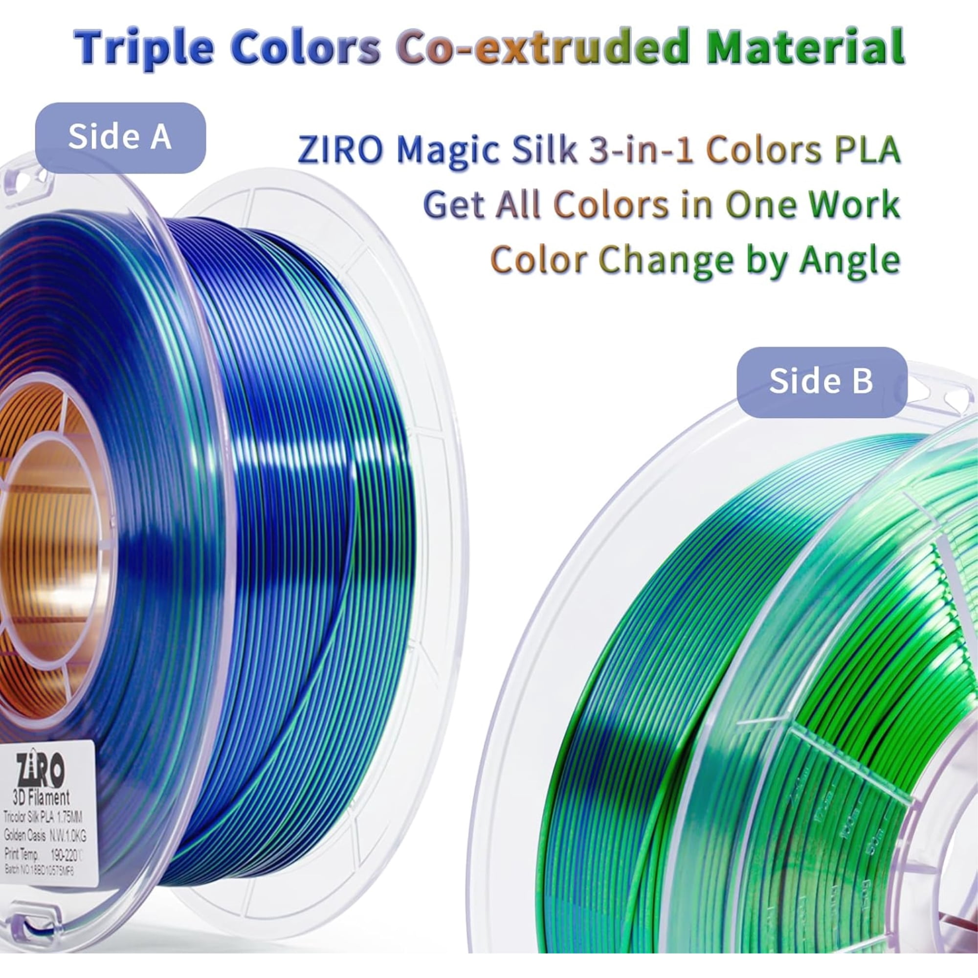 Ziro 3D Tri-color Silk PLA 1.75mm  1kg, Golden Oasis