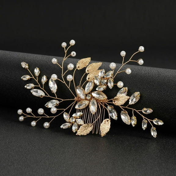 Nvzi-a Bridal Flower Wedding Hair Pins Crystal Pearl Hair Combs Clips Headpiece Gold Wedding Hair Accessories Jewelry with Rhinestone for Brides Bridesmaids Women (White)