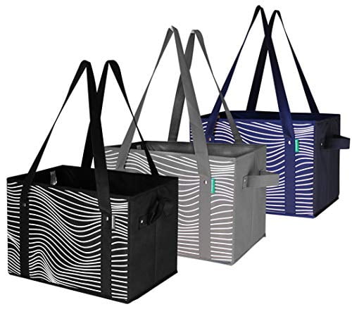 Set of 3 Reusable Grocery Bags Shopping Box Reinforced Bottom  Collapsible 