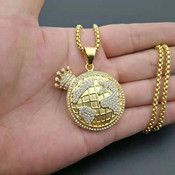 Hip Hop crown Pendant & Necklace 14K Yellow Gold with rhinestone Golden color Trendy Chain Choker Women Men World Map