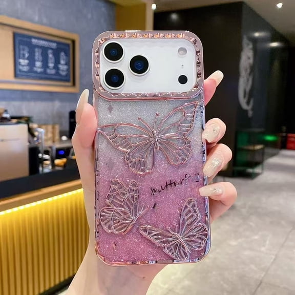Dteck Butterfly Case for iPhone 17 Pro Max,Shockproof TPU Case with Bling Paper Back Cover for iPhone 17 Pro Max,Pink