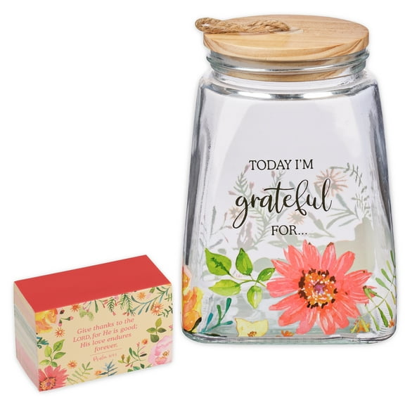 Christian Art Gifts Keepsake Count Your Blessings Gratitude Jar Set w/Bible Verse Note Cards, Today I'm Grateful For, Floral, Glass