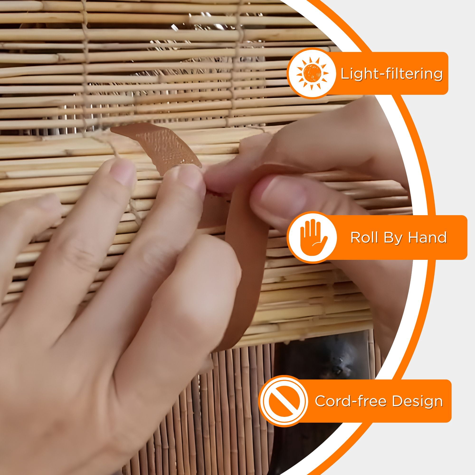 Backyard X-Scapes Reed Blinds Manual Roll-Up Cord Free Roman Shades, Natural, 60" W x 72" H