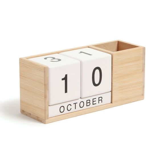 U Brands Bamboo Desktop Perpetual Block Calendar and Pencil Cup, 8.4 x 2.8 x 3.6 in.