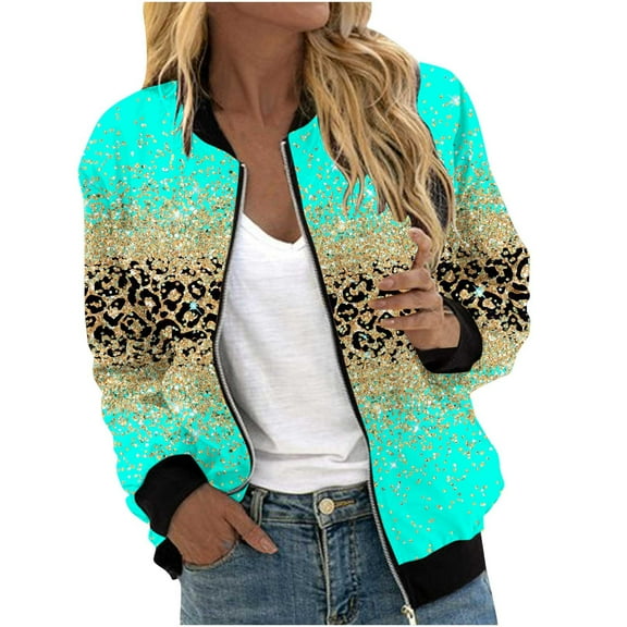Herrnalise Women's Bomber Jacket Casual Coat Zip Up Outerwear Windbreaker Floral Prints Overcoat With Pockets Green,XL