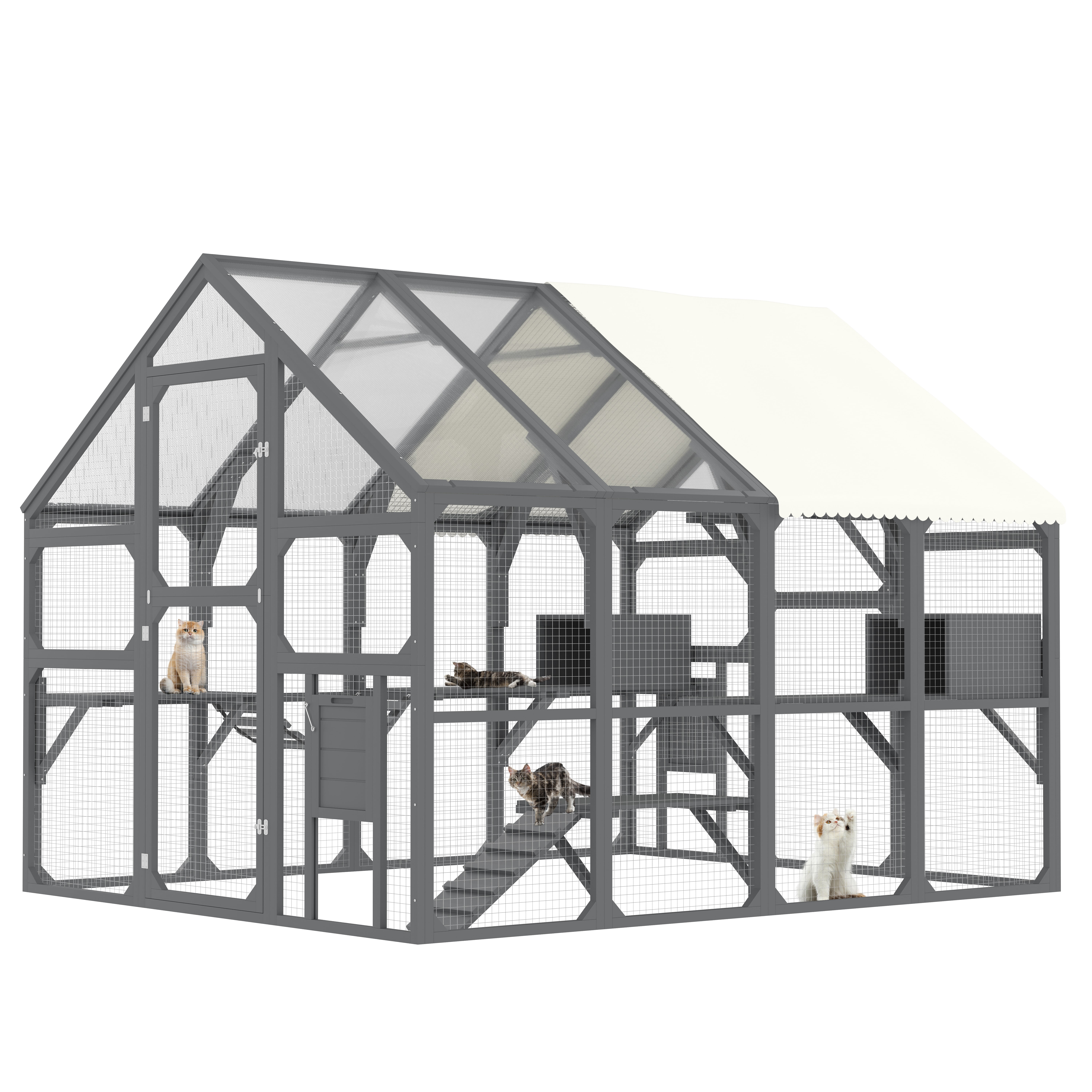 Eyisean 74.4" H Wooden Large Catio Outdoor Cat Enclosure, Durable Walk in Cat House with 7 Platform & 2 Resting Box, All-Weather Kitty Cage Kennel with Wire Mesh & Sunshine Board for Multiple Kitty