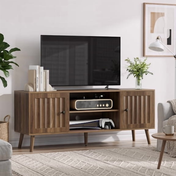55 Inch Mid-Century Modern TV Stand with Vertical Groove Doors, Adjustable Storage Shelves Entertainment Center for Living Room, Walnut