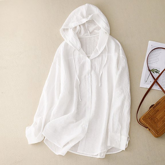 YUEHUA Women’s Linen-Look Hooded Sun Protection Shirt, Button Down Loose Fit Blouse, Lightweight Breathable Cover-Up for Beach and Casual Wear