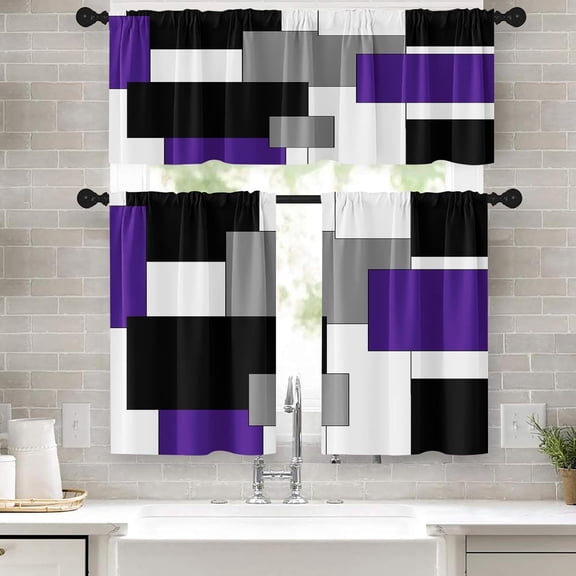 Kitchen Curtains Sets for Windows, 52x39 Inch, 3 Pack, Purple Grey | Modern Abstract Art Painting Rod Pocket Cafe Curtain Drapes for Living Room Bedroom Bathroom Kitchen Over Sink Decor