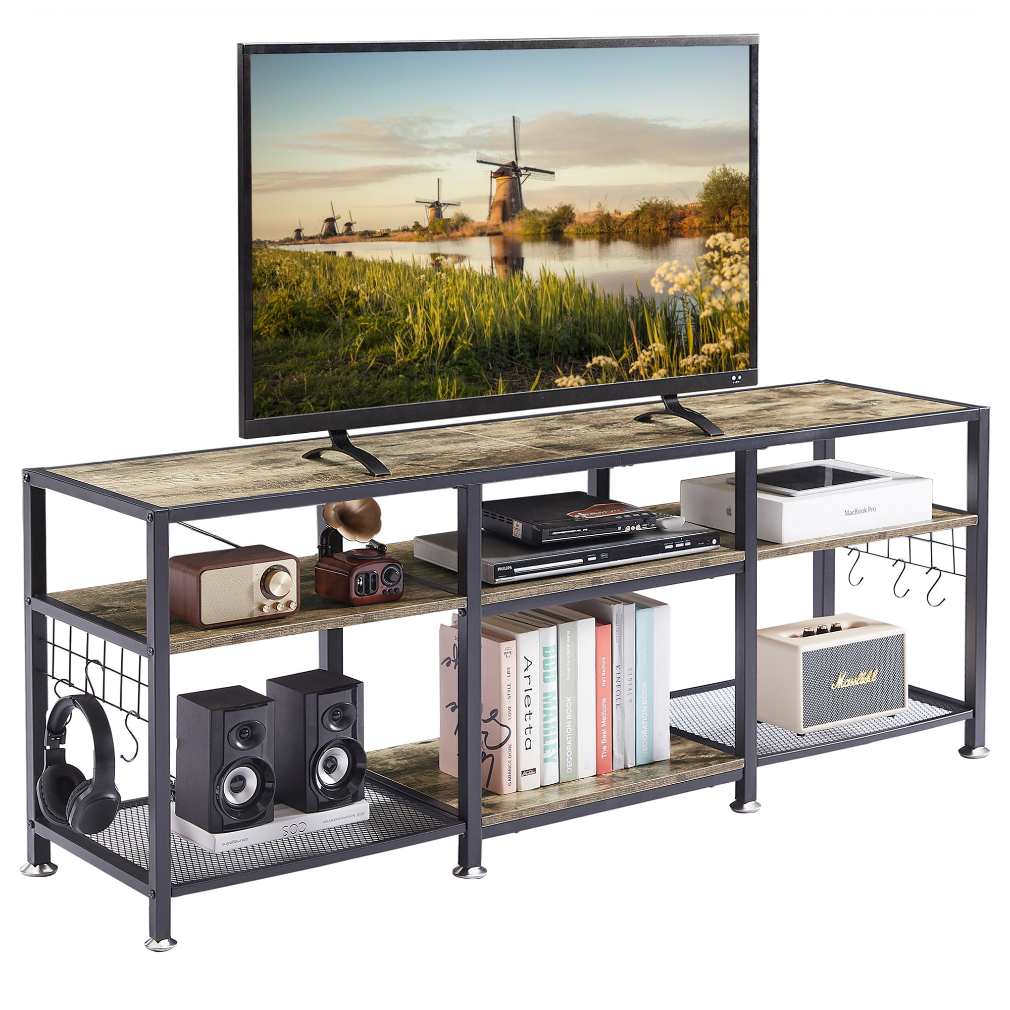 VECELO Industrial 39 Stand,3-Tier Table, Media Entertainment Center for TV  up to 50 Inches, Gaming Consoles Nightstand with Steel Frame for Living
