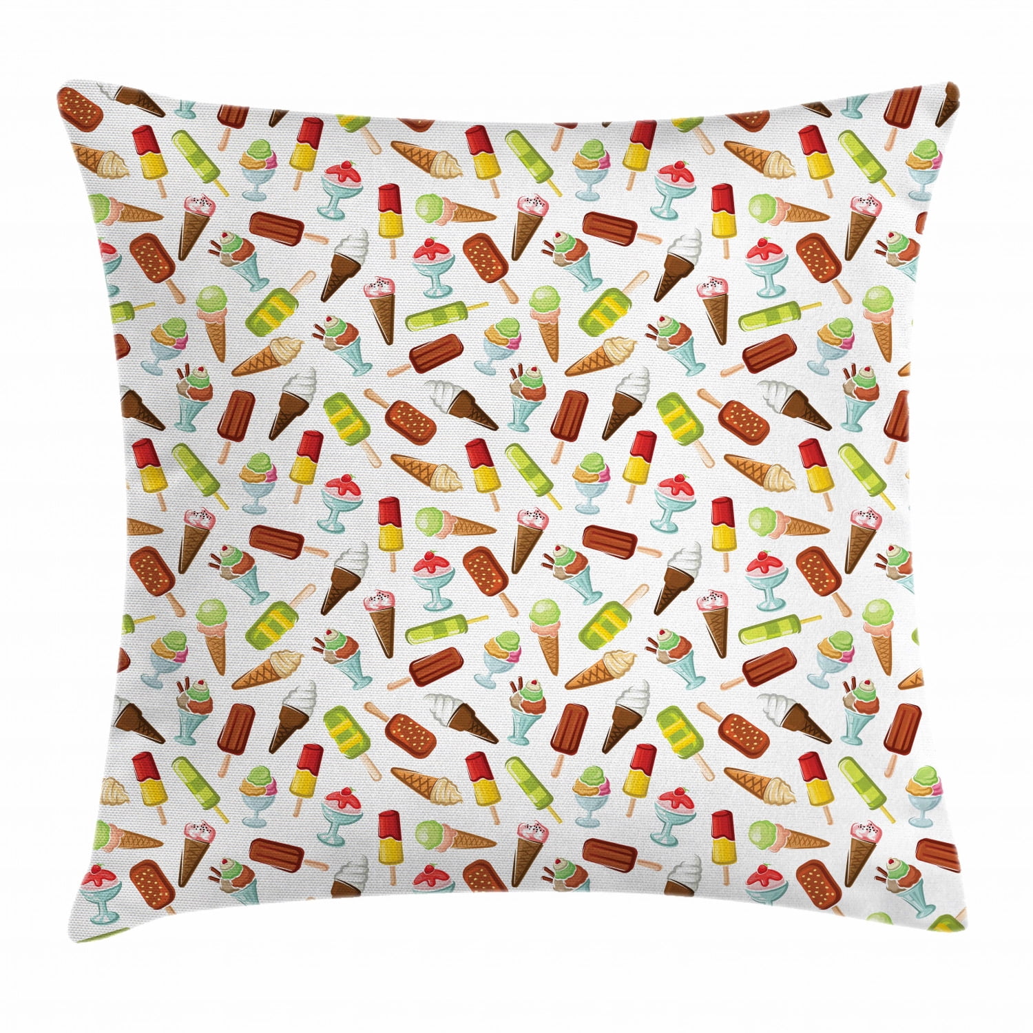 Ice Cream Throw Pillow Cushion Cover, Frozen Desserts in Wafer Cone