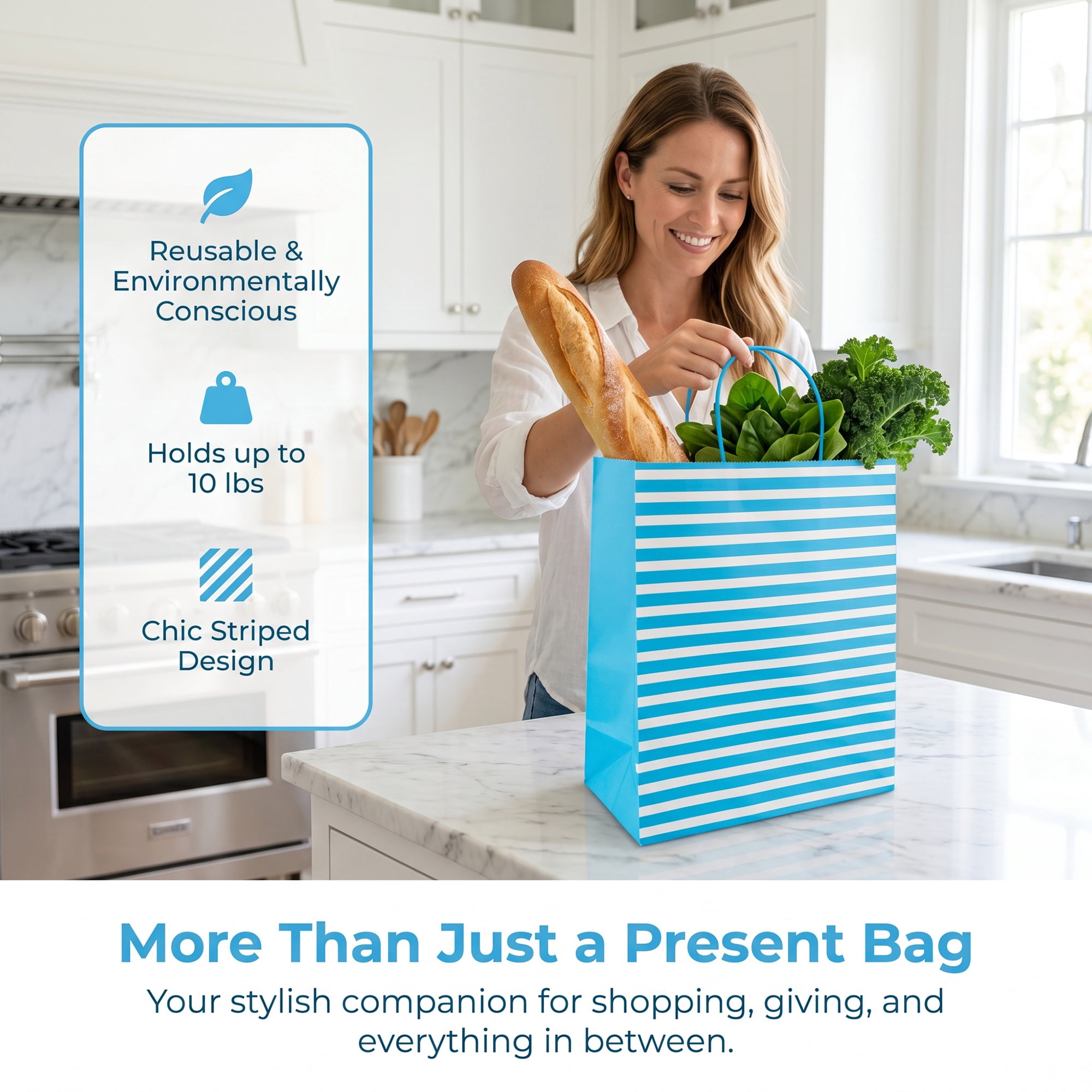 Unique Bargains Horizontal-stripe Gift Bag for All Occasions and Celebrations Blue 10.2" x 5" x 12.6"