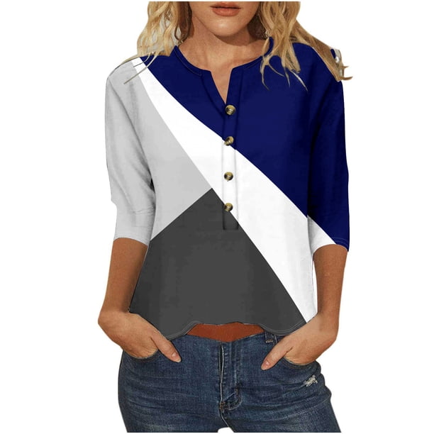 Tops de Algodón para las Mujeres Impreso Botón 3/4 Manga Suelta Tee, Suave Casual 3/4 Manga Superior