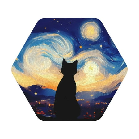 

Matuu Cat Under Starry Skies for Cup Coasters Set of 6 Leather Coasters Desk Coasters for Office Measures 4” x 4” Hexagon
