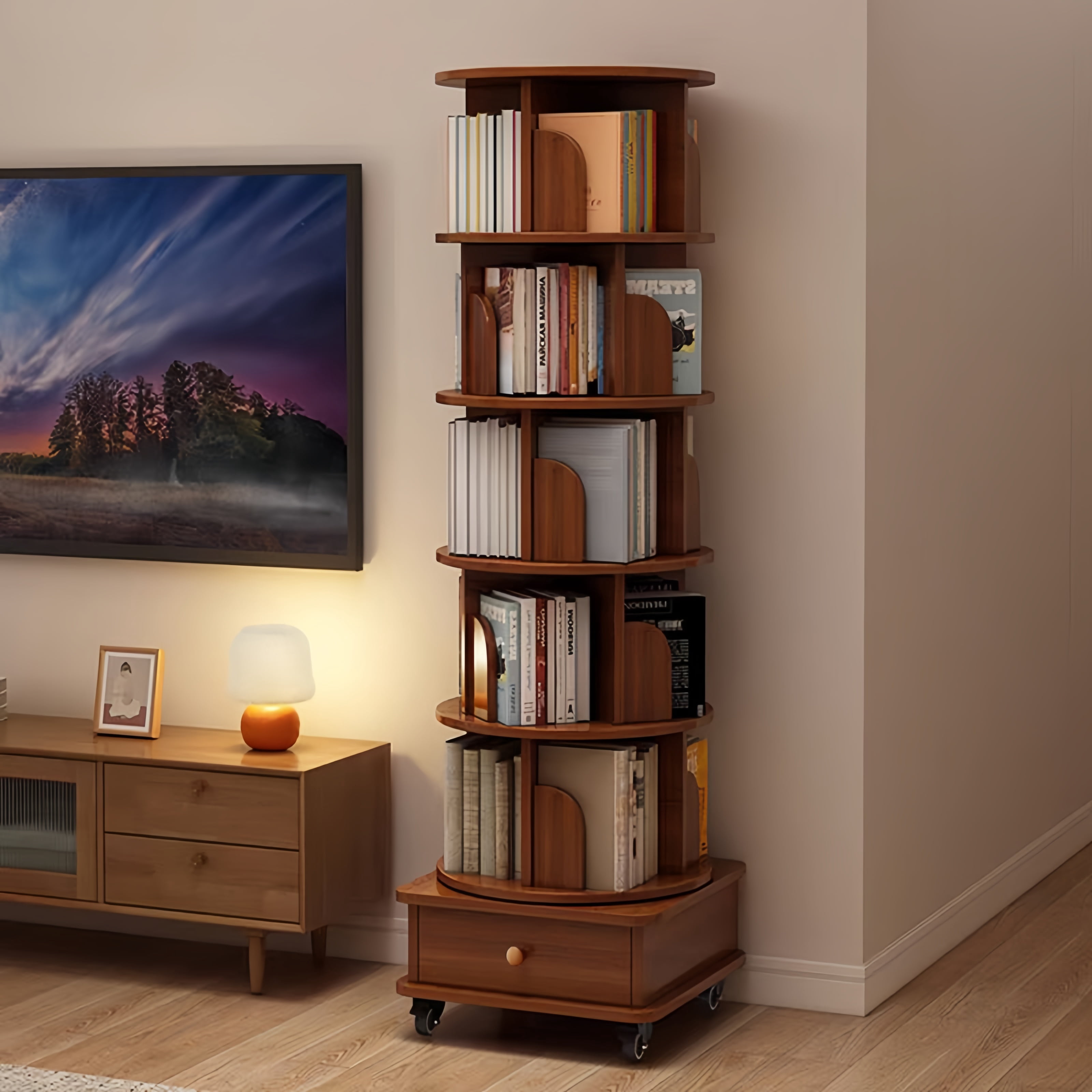 Atumcto 6 Tier Tall Rotating Bookshelf, Wooden Spinning Bookcase Tower, 360° Rolling Corner Organizer for Bedroom, Living Room, Office, Walnut Brown