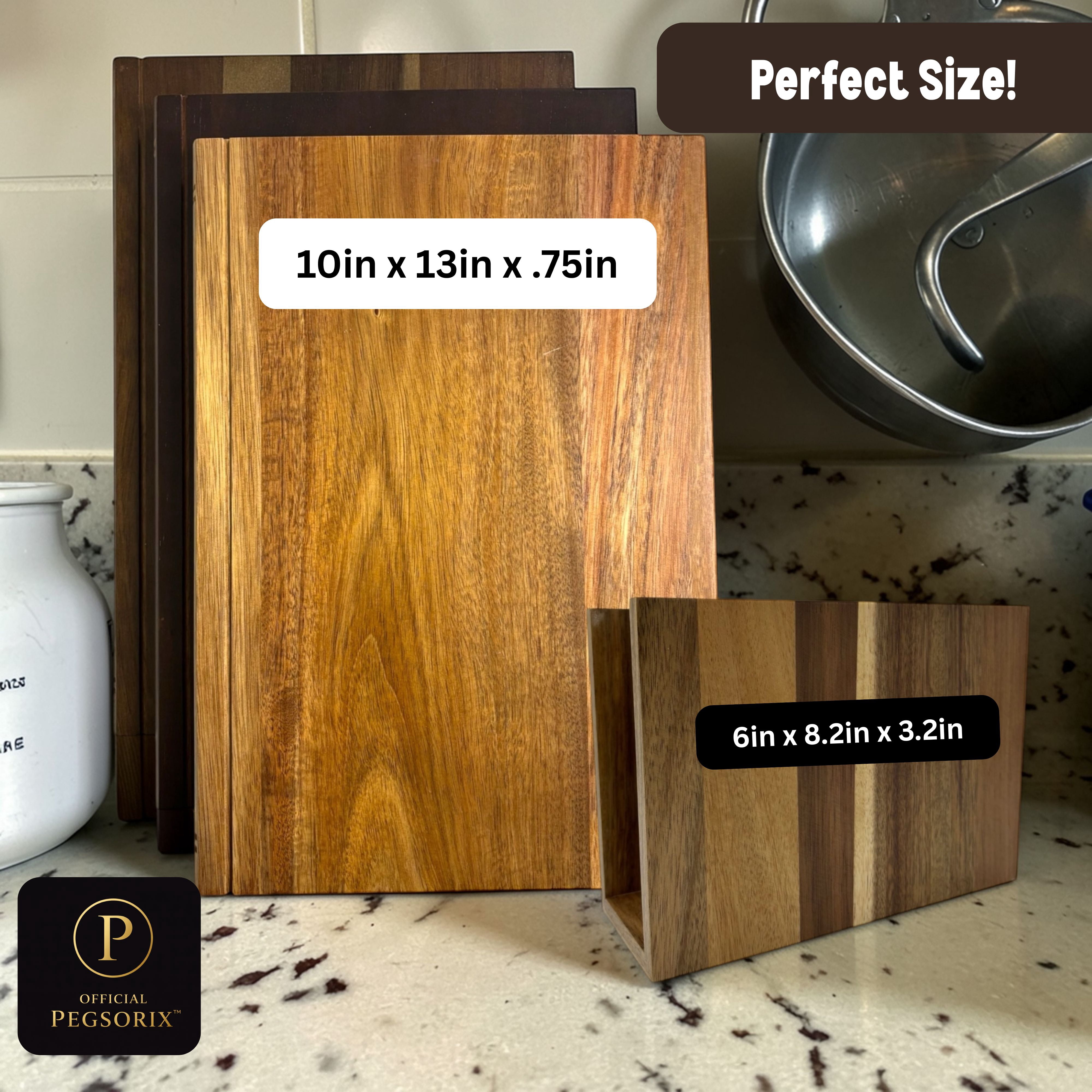 The Cutting Board Library | 100% Acacia Wood | Set of 3 Decorative and Functional Cutting Boards with Wooden Stand | Fruits, Vegetables, Meat, Fish, Cheese and Bread | Statement Piece for Countertop
