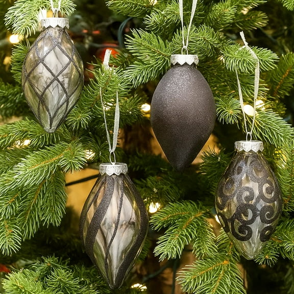 SLEETLY 12pk Christmas Tear Drop Finial Hanging Pendant Ornaments for Tree Holiday Xmas Decorations, Long 4 inch Big Shatterpoof Plastic, Black