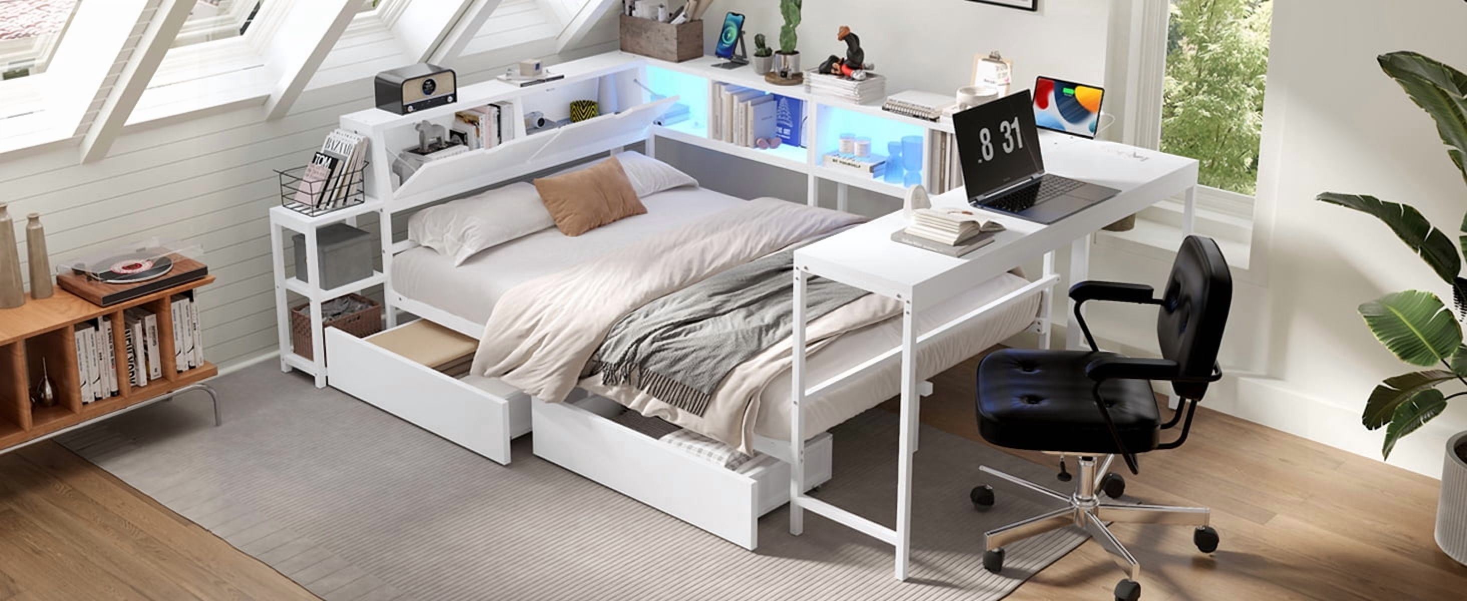 Corner Bed Frame Full Size with Bookcase and 2 Underbed Storage Drawers, Modern Bed with LED Light and Charging Station, Left and right interchangeable, White