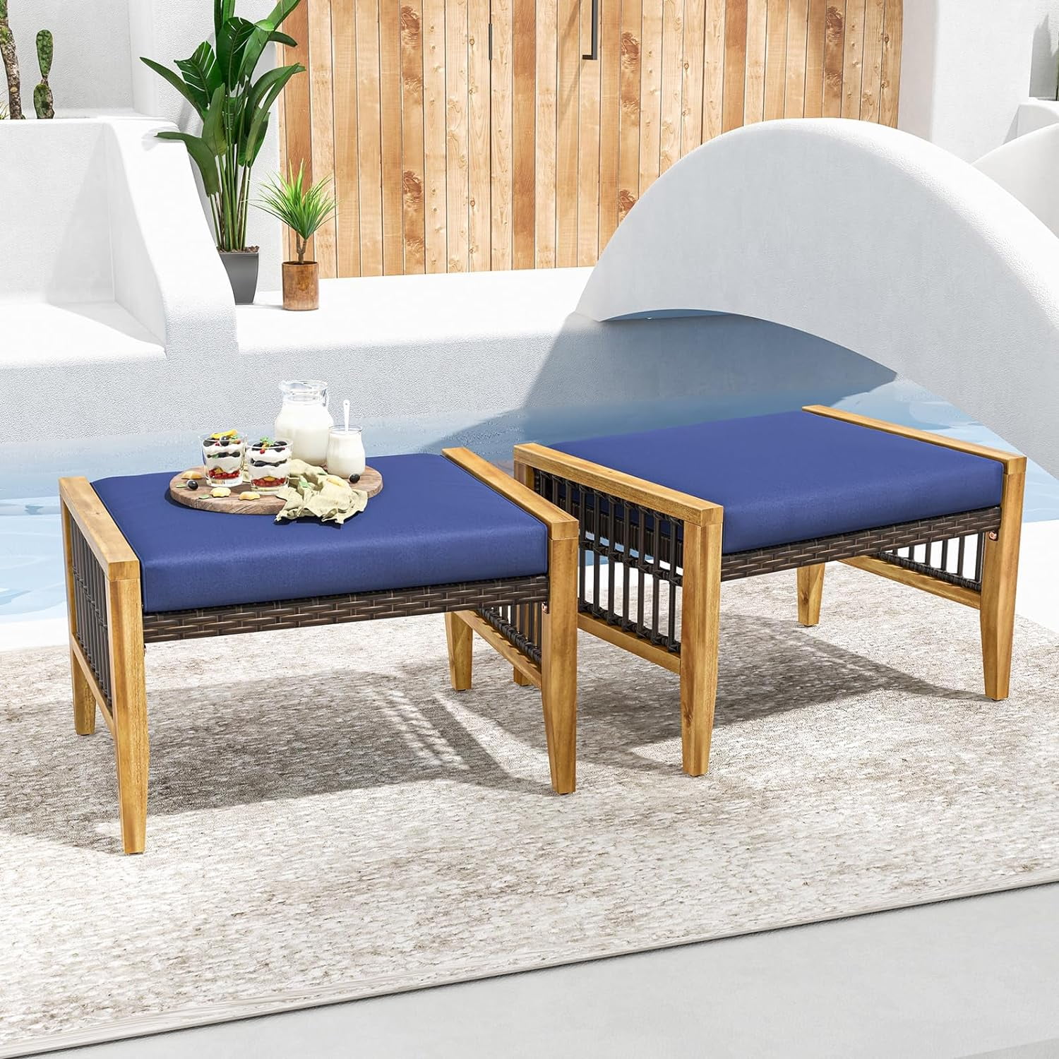 Set of 2 Patio Acacia Wood PE Rattan Ottoman Footrest Seat with Cushion & Adjustable Foot Pad