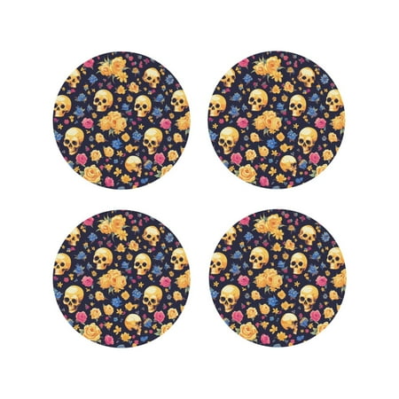 

Matuu Skull gold flower for Cup Coasters Set of 4 Leather Coasters Desk Coasters for Office Measures 4” x 4”-Round Shape