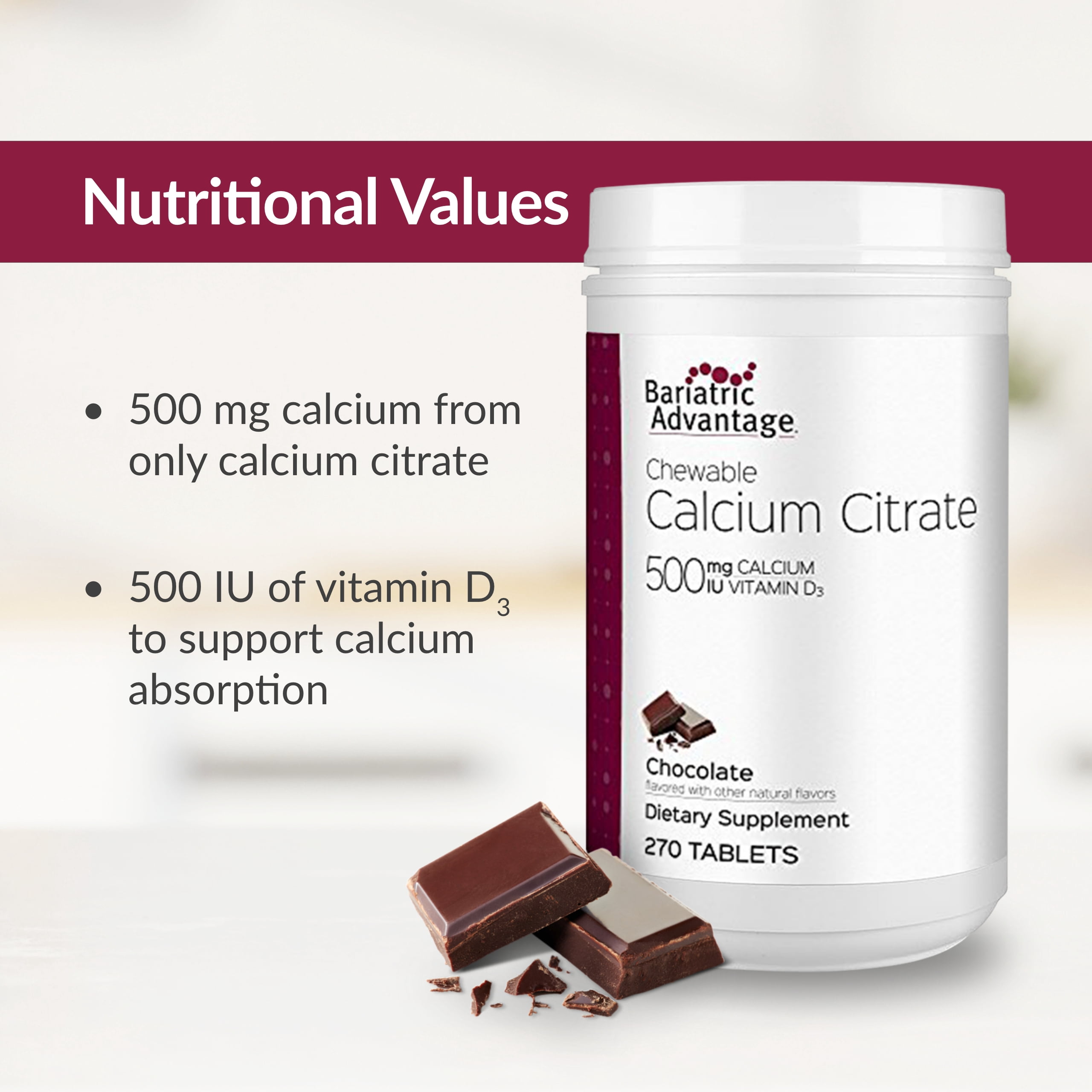 Bariatric Advantage Calcium Citrate Chewable 500 mg - For Bariatric Surgery Patients - High-Potency, Easy-Digest Tablets - Calcium Citrate - Bone Strength Supplements* - 270 Count - Chocolate