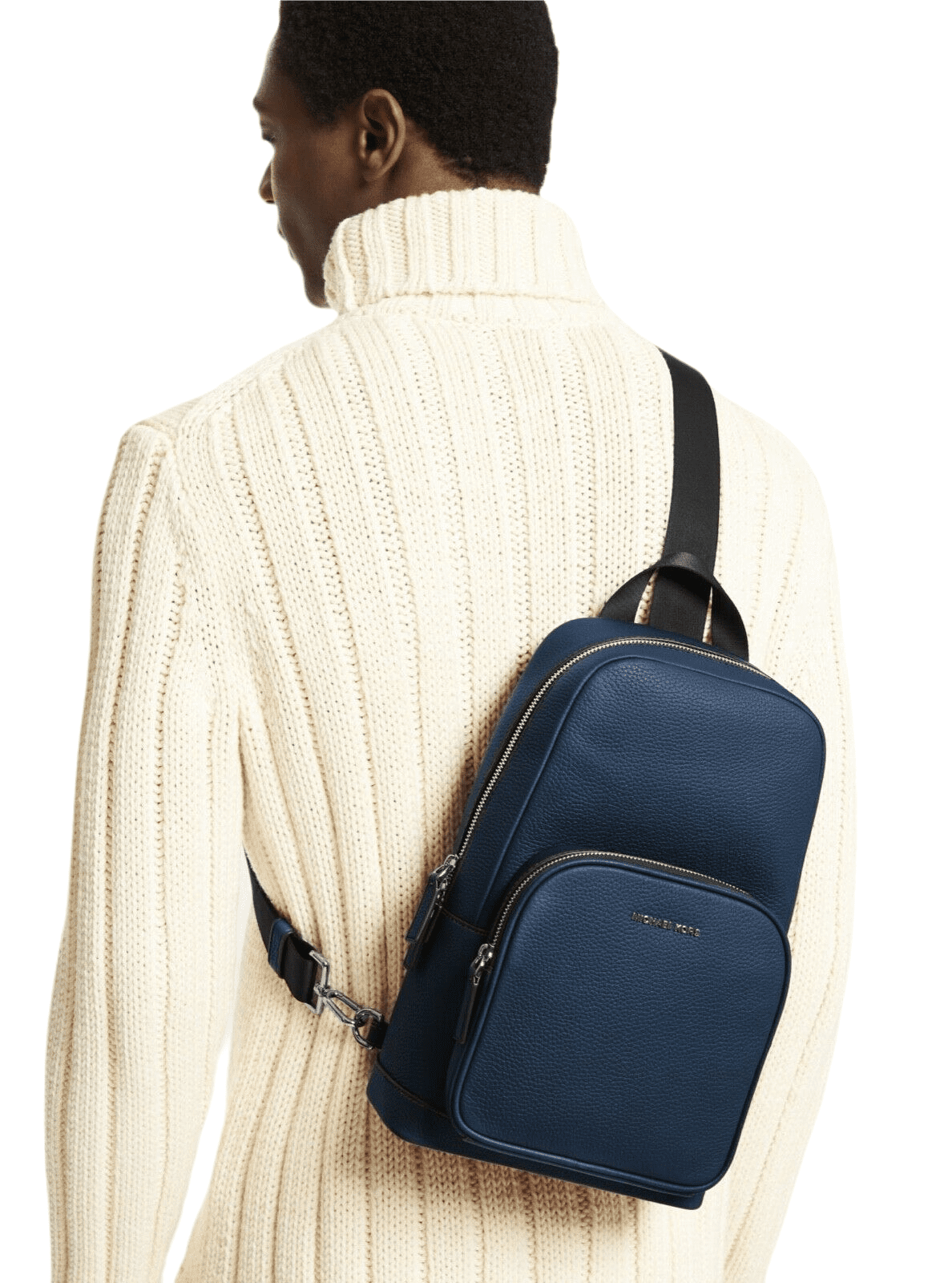 Michael Kors Mens Cooper Medium Pebbled Leather Navy Commuter Slingpack Book Bag