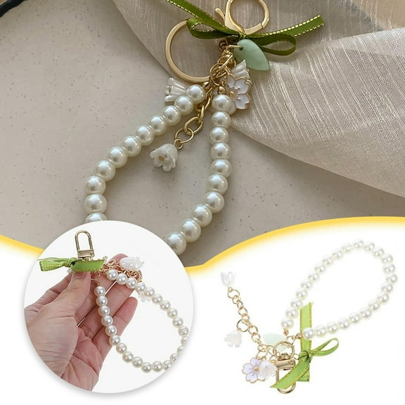 Replio Cute Lily Flower Keychains Wristlet For Women Pearl Key Chains For Car Keys Bow Keychain Accessories Gifts Ideas