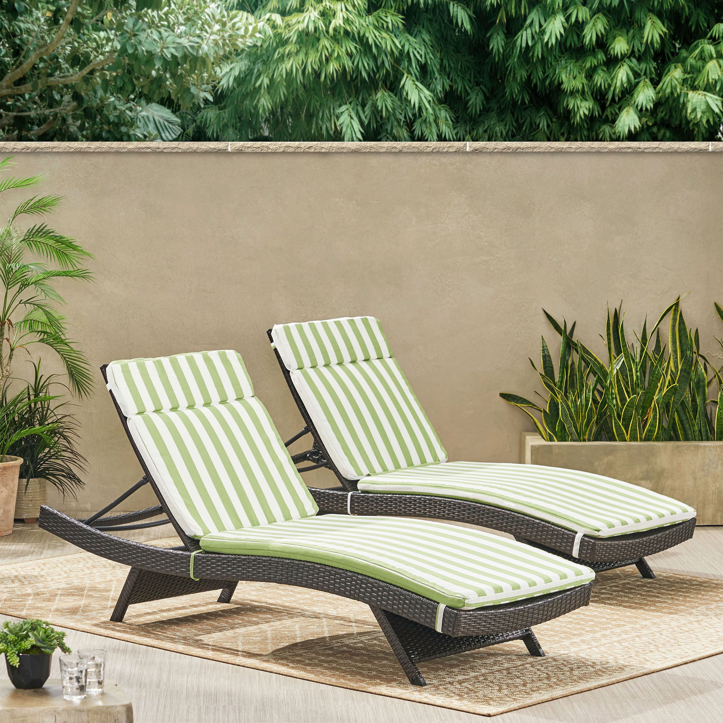 Anthony Outdoor Wicker Lounge with Cushion, Set of 2, Multibrown, Green and White Stripe