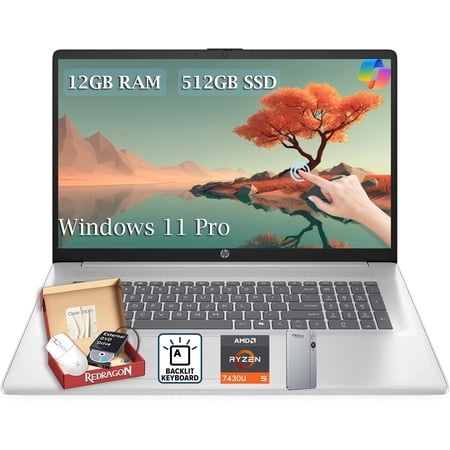 HP 17 Laptop Computer, 17.3" HD+ Touchscreen, AMD Ryzen 5-7430U, 12GB RAM, 512GB SSD, Windows 11 Pro, Backlit KB, Silver, Ideal for College & Home