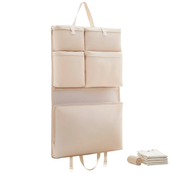 Travel Hanging Organizer, 6-in-1 Closet Suitcase with Multi-Layer Pockets, Portable Packing Cubes For Travel to Neatly Store Clothes and Underwear in Beige, 8.3x6.7x2 in