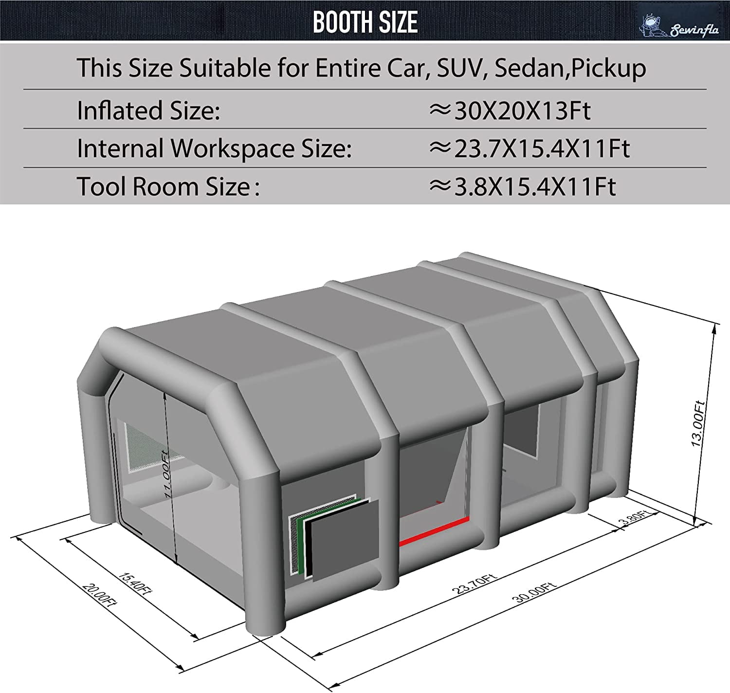 Sewinfla Indoor Inflatable Paint Booth with Air Draft Device 30x20x13Ft with Blowers