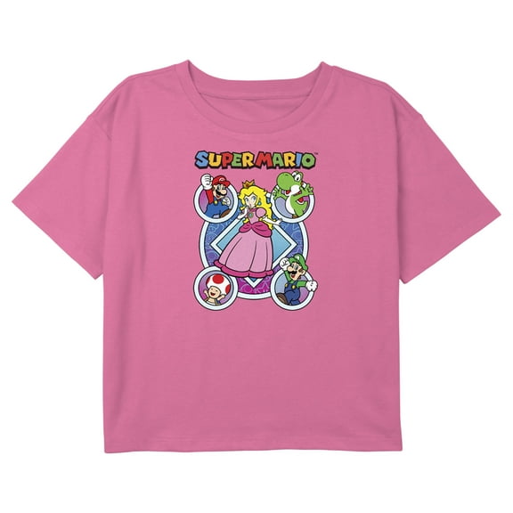 Girl's Nintendo Super Mario Bros Princess Peach Character Circles Graphic Cropped T-Shirt Light Pink Large