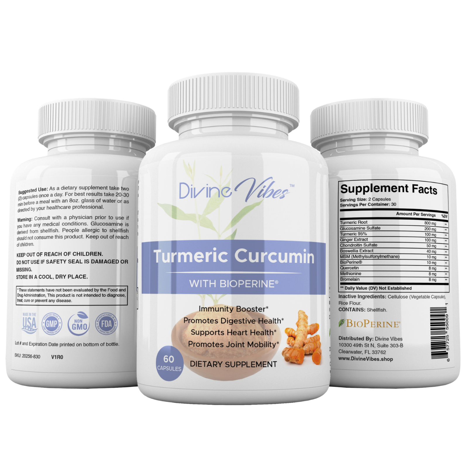 Divine Vibes Turmeric Curcumin with BioPerine® Black Pepper Extract – 95% Curcuminoids, Supports Joint, Heart & Digestive Health, Non-GMO, Gluten-Free, 60 Capsules, Made in USA