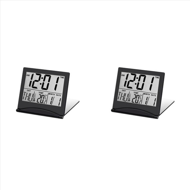 2X Reloj Despertador Digital LCD Plegable Electrónico Reloj Higrómetro de Temperatura de Escritorio Estación Meteorológica Reloj de Mesa de Escritorio Negro