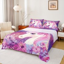 Feelyou Magical Unicorn Kids Twin Sheet Sets, Mystic Galaxy Sky Twin Fitted Sheet, Pink Groovy Flower Flat Sheet, Lightweight Room Decor, 3-Piece