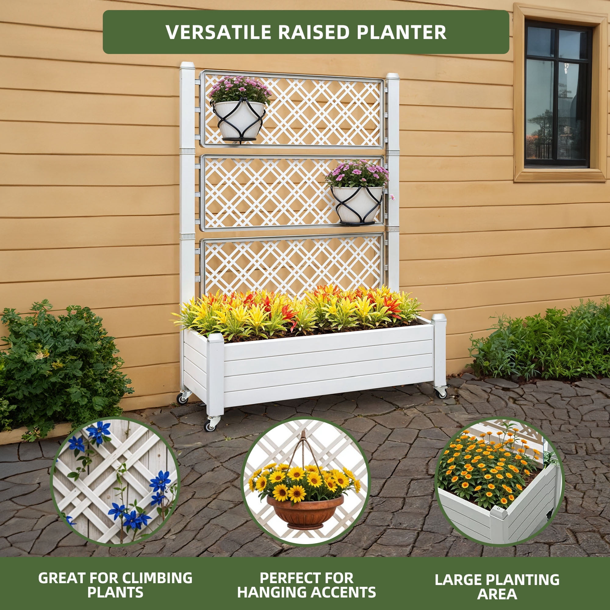 Uforic 3.6 x 1.5 x 5 FT Raised Garden Bed with Trellis, Large Outdoor Planter Box on Wheels for Patio, Grayish-White for Climbing Plants Vegetables