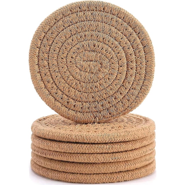 Posavasos de 6 piezas para bebidas, elegantes posavasos tejidos trenzados hechos a mano (4,3 pulgadas), posavasos redondos 100% algodón súper absorbentes y resistentes al calor, gran H