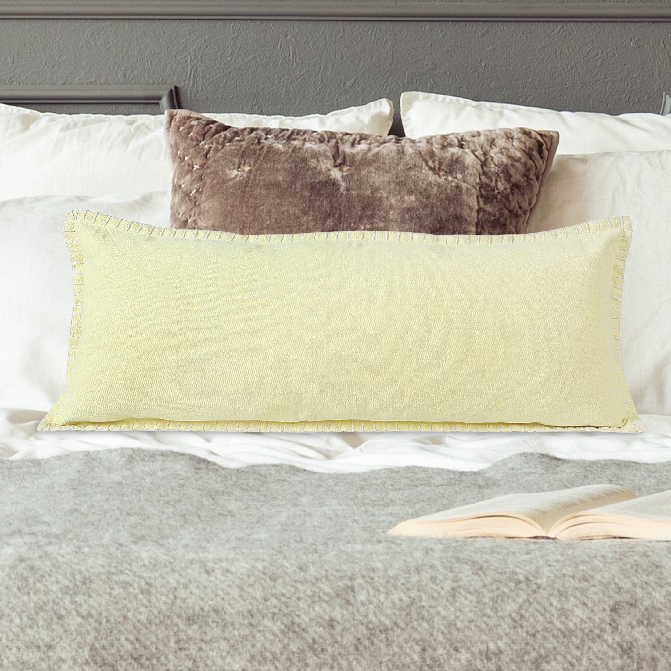 Ox Bay Wilma 14" x 36" Light Yellow Stitch Bordered Cotton Adult Decorative Throw Pillow Cover